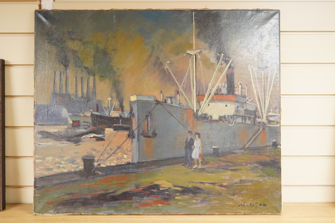 Mid century, harbour view with moored boats, indistinctly signed, oil on canvas, unframed, 63 x 76cm